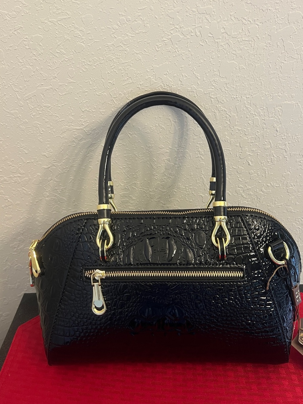 Glossy Black Croc-Embossed Satchel with Gold Hardware & Gd Dustbag